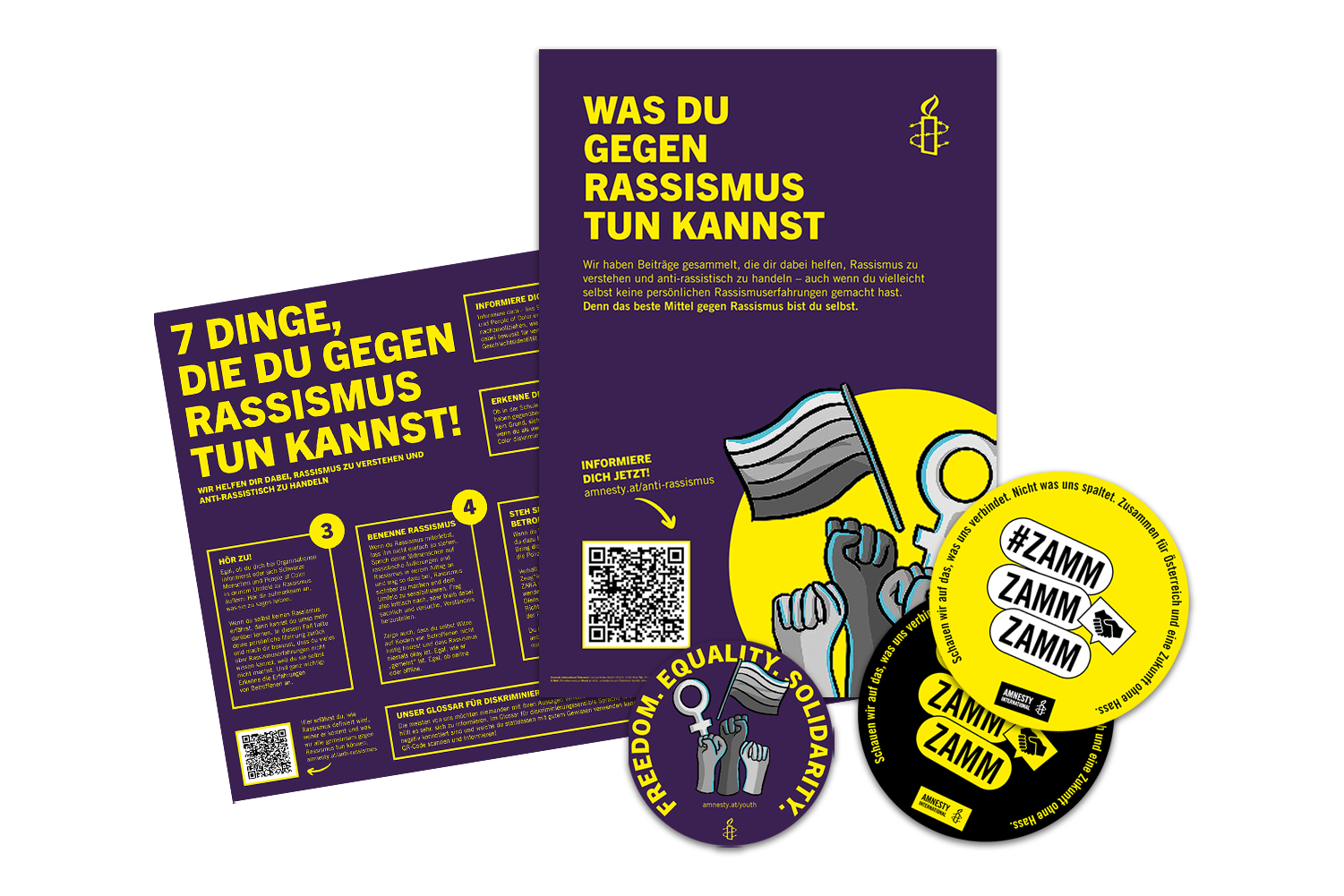 Bild von Materialien, die im Aktionspaket enthalten sind: Anti-Rassismus Poster, Sticker und Informationsmaterial.