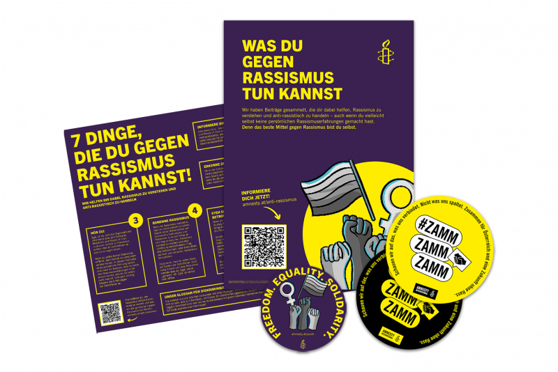 Bild von Materialien, die im Aktionspaket enthalten sind: Anti-Rassismus Poster, Sticker und Informationsmaterial.