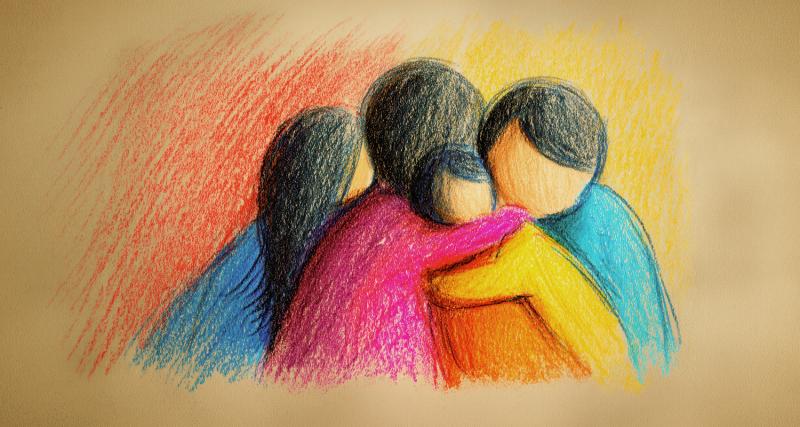 Zeichnung von einer Familie, die sich umarmt Zeichnung einer Familie, die sich umarmt