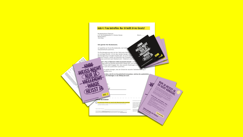 Stickers, Flyers und Appellbrief für Ja heißt Ja. 